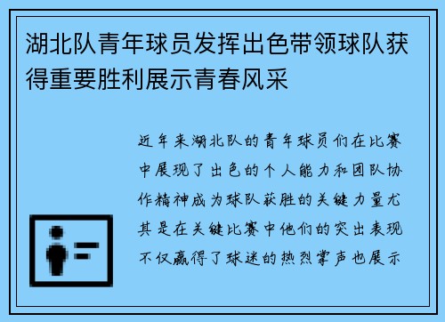 湖北队青年球员发挥出色带领球队获得重要胜利展示青春风采