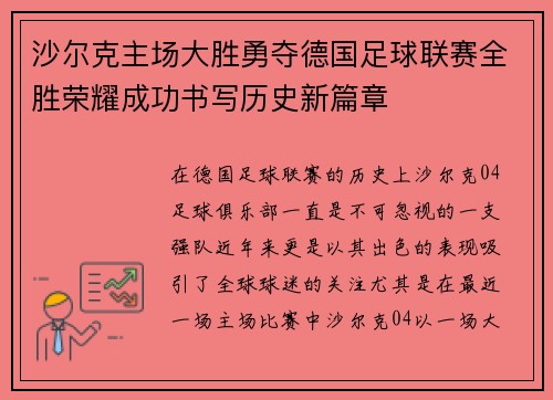 沙尔克主场大胜勇夺德国足球联赛全胜荣耀成功书写历史新篇章