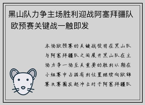 黑山队力争主场胜利迎战阿塞拜疆队 欧预赛关键战一触即发